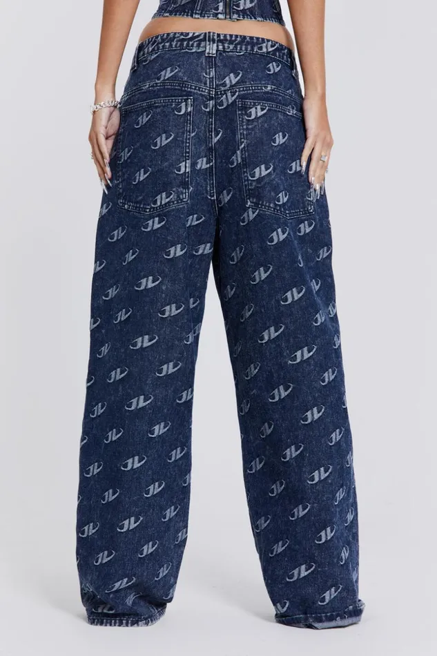 Jaded London Blue Monogram Embossed Logo Baggy Jeans Women CoOrds
