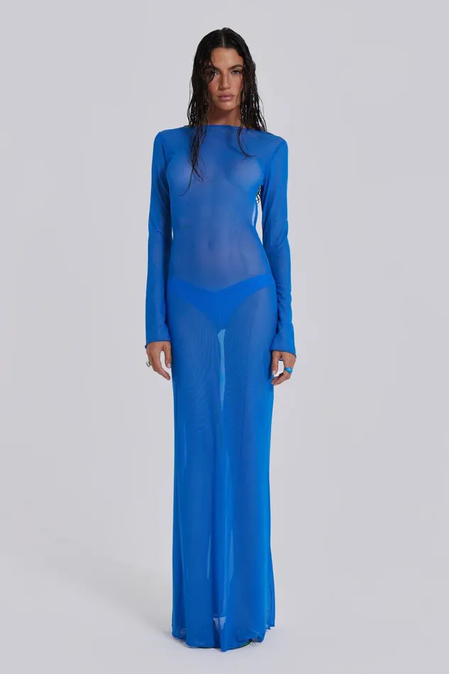 Jaded London Blue Sheer Maxi Beach Dress Women Beach Cover Ups