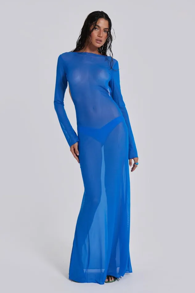 Jaded London Blue Sheer Maxi Beach Dress Women Beach Cover Ups