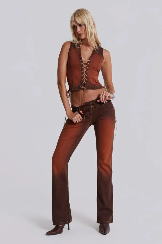 Jaded London Brown Orange Wash Slim Bootcut Jeans Women CoOrds