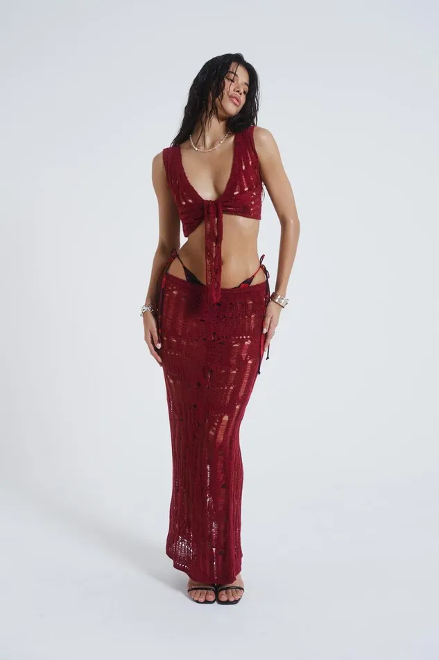 Jaded London Burgundy Laddered Knit Maxi Skirt Women Knitwear