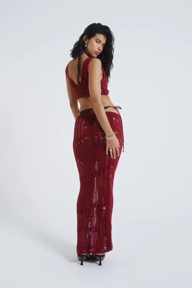Jaded London Burgundy Laddered Knit Maxi Skirt Women Knitwear