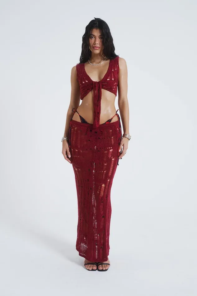 Jaded London Burgundy Laddered Knit Maxi Skirt Women Knitwear