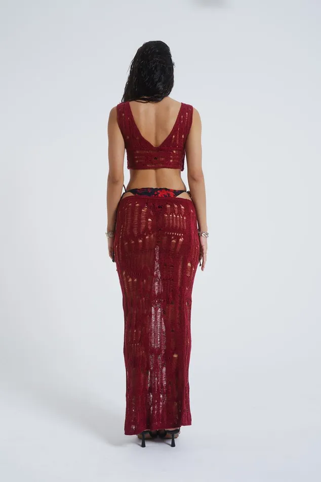 Jaded London Burgundy Laddered Knit Maxi Skirt Women Knitwear