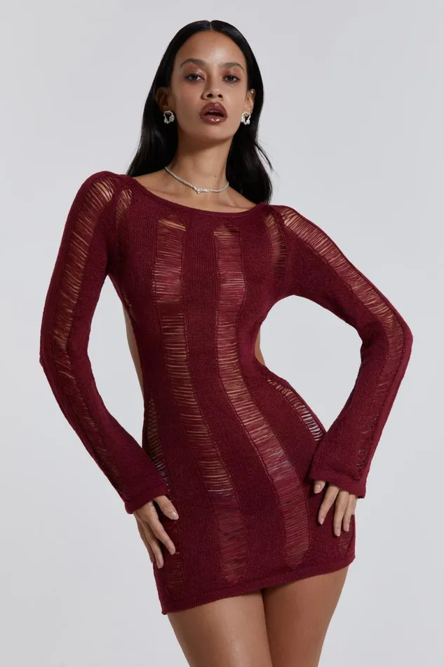 Jaded London Burgundy Umbra Laddered Knit Mini Dress Women Mini Dresses