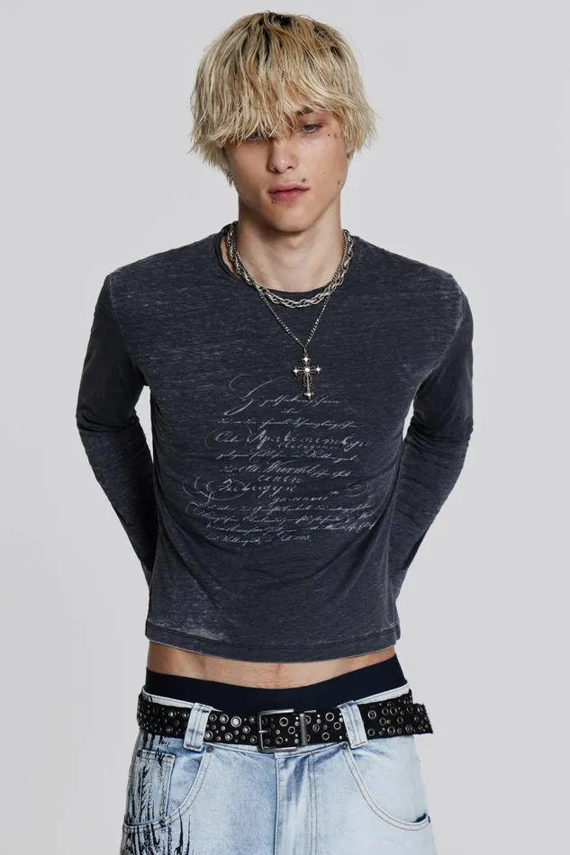 Jaded London Burnout Script Long Sleeve Tee Men TShirts and Vests