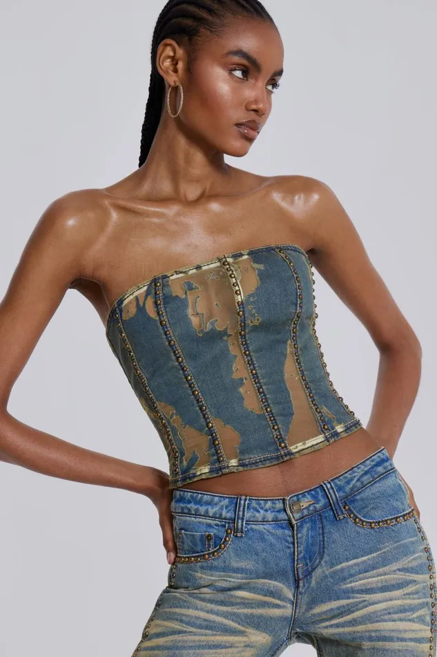 Jaded London Burnout Studded Denim Corset Women Crop Tops