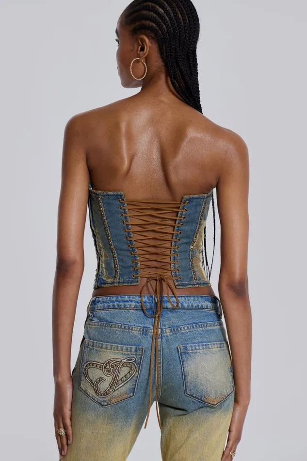 Jaded London Burnout Studded Denim Corset Women Crop Tops