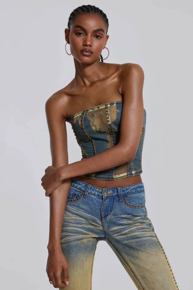 Jaded London Burnout Studded Denim Corset Women Crop Tops