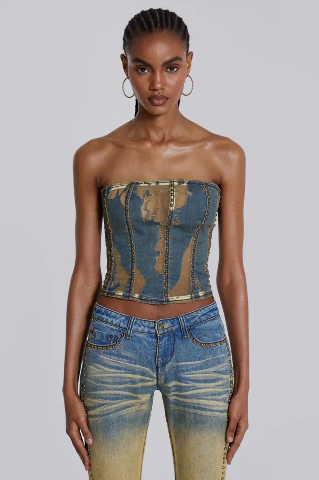 Jaded London Burnout Studded Denim Corset Women Crop Tops