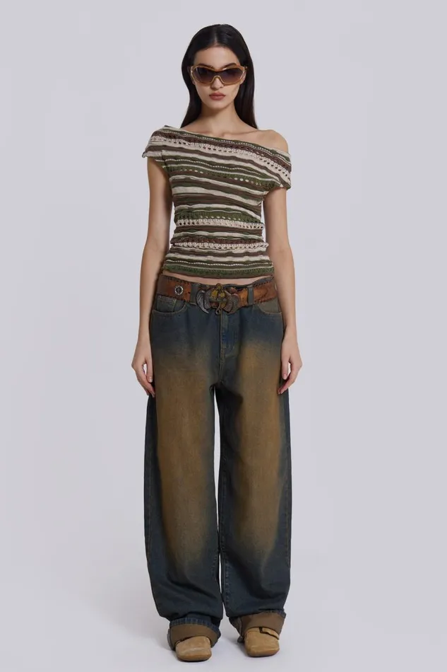 Jaded London Busted Wash Sonic Baggy Leg Jeans With Turn Up Hem Women Jeans