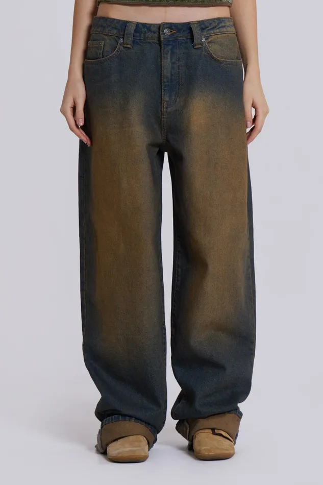 Jaded London Busted Wash Sonic Baggy Leg Jeans With Turn Up Hem Women Jeans