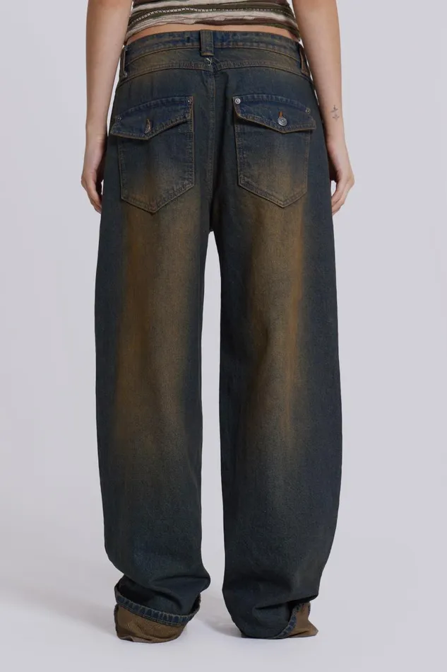 Jaded London Busted Wash Sonic Baggy Leg Jeans With Turn Up Hem Women Jeans