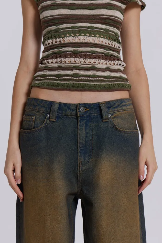 Jaded London Busted Wash Sonic Baggy Leg Jeans With Turn Up Hem Women Jeans