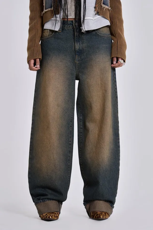 Jaded London Busted Wash Sonic Baggy Leg Jeans With Turn Up Hem Women Jeans