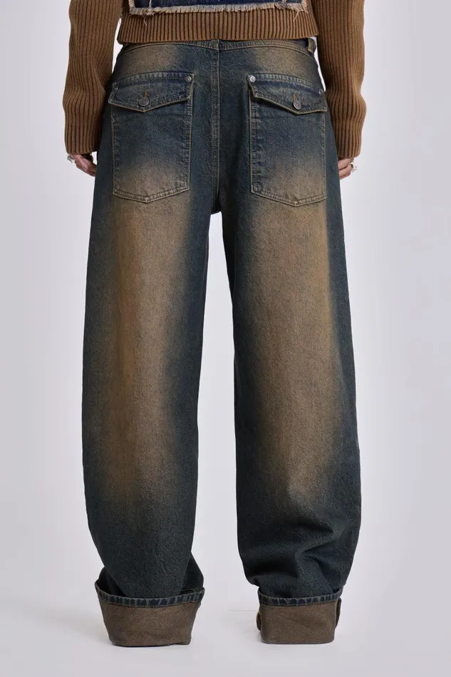 Jaded London Busted Wash Sonic Baggy Leg Jeans With Turn Up Hem Women Jeans