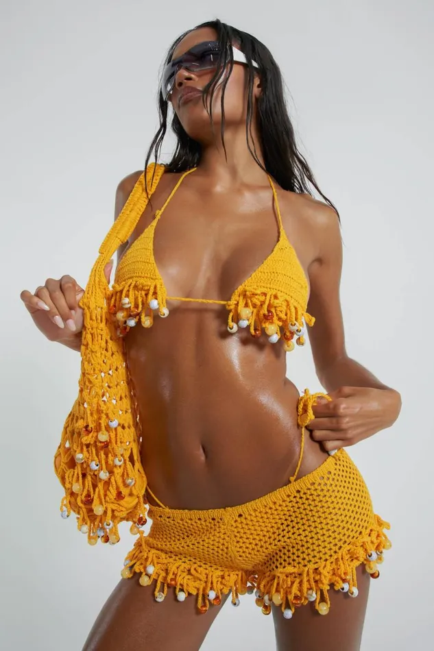 Jaded London Canary Yellow Crochet Bikini Top With Beaded Fringing Women Micro Bikinis