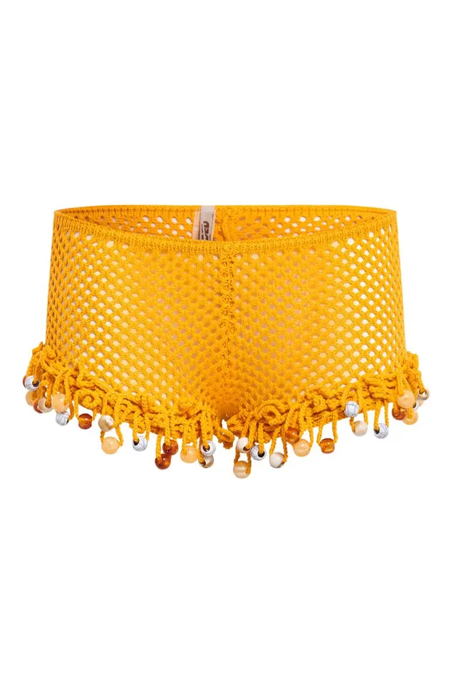 Jaded London Canary Yellow Crochet Hot Pants With Beaded Fringing Women Knitwear