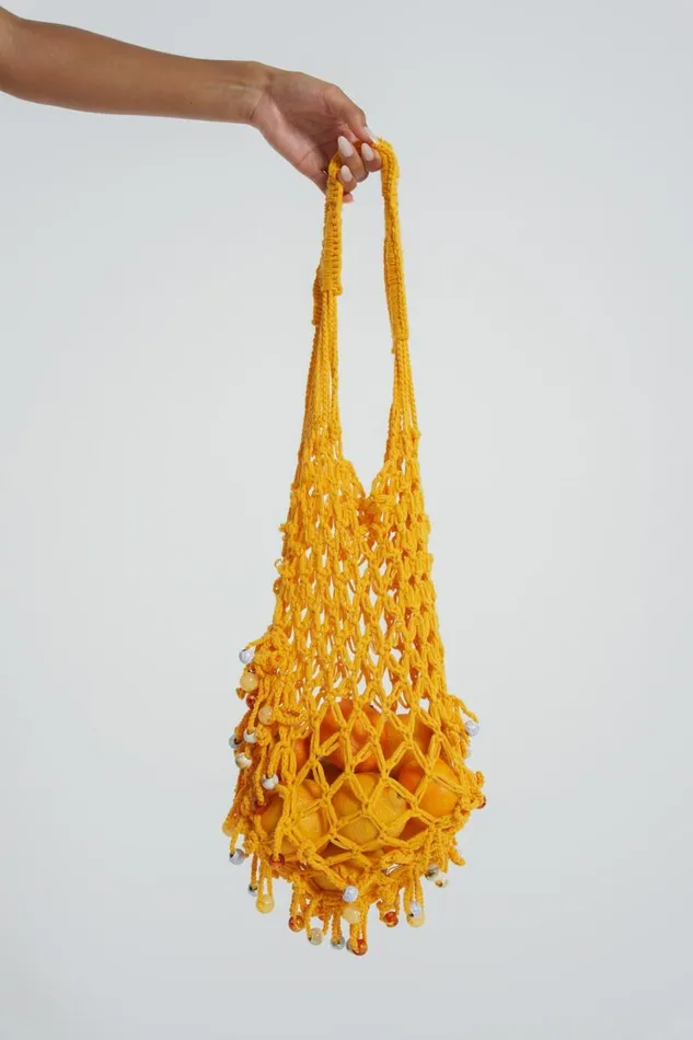 Jaded London Canary Yellow Macrame Bag With Beaded Fringing Women Knitwear