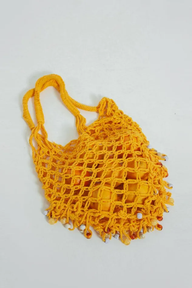 Jaded London Canary Yellow Macrame Bag With Beaded Fringing Women Knitwear