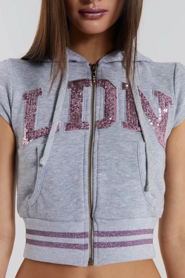 Jaded London Cap Sleeve Hoodie With Sequin LDN and Stripe Rib Hem Women Hoodies and Sweatshirts