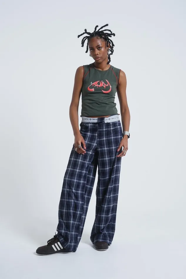 Jaded London Check Fold Over Waist Wide Leg Trousers Women Trousers and Pants