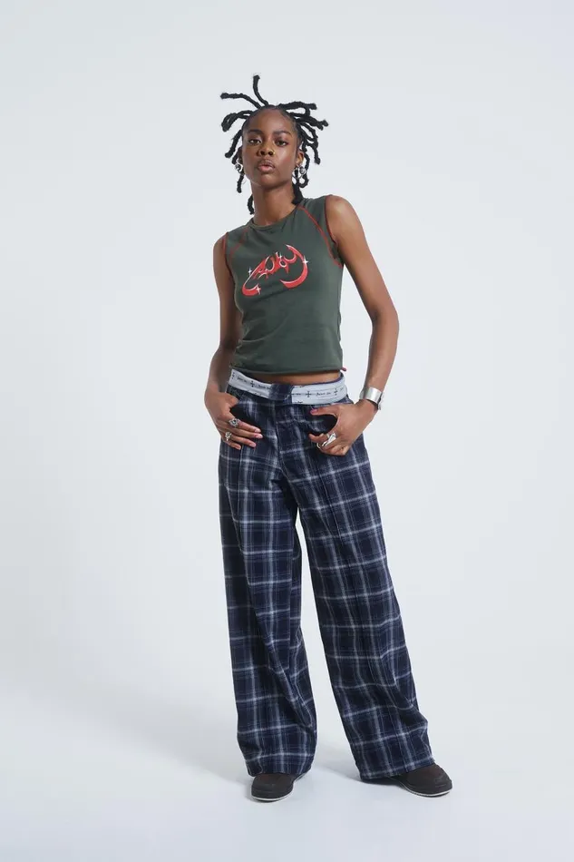 Jaded London Check Fold Over Waist Wide Leg Trousers Women Trousers and Pants
