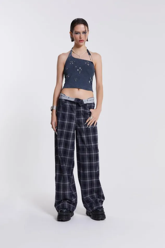 Jaded London Check Fold Over Waist Wide Leg Trousers Women Trousers and Pants