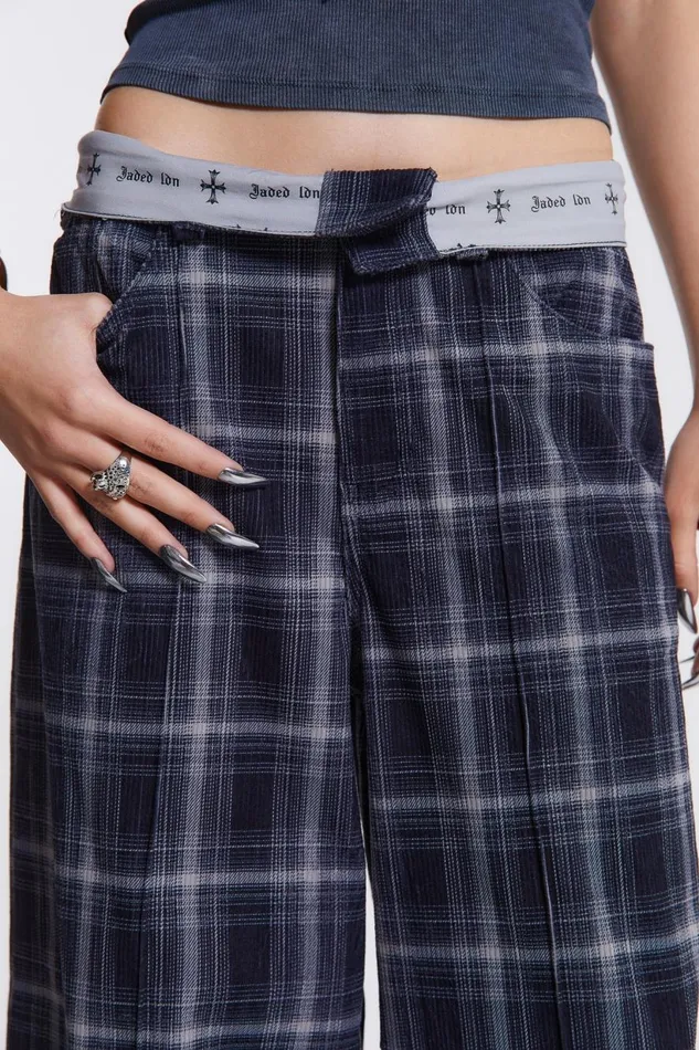 Jaded London Check Fold Over Waist Wide Leg Trousers Women Trousers and Pants