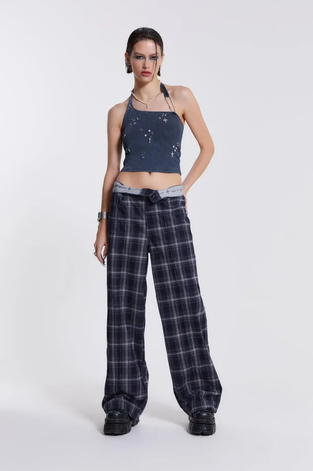 Jaded London Check Fold Over Waist Wide Leg Trousers Women Trousers and Pants
