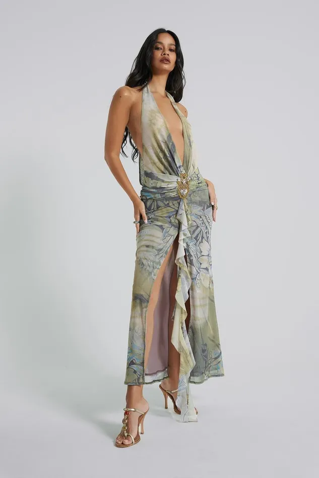 Jaded London Cindy Plunge Dress In Emerald Women Maxi Dresses
