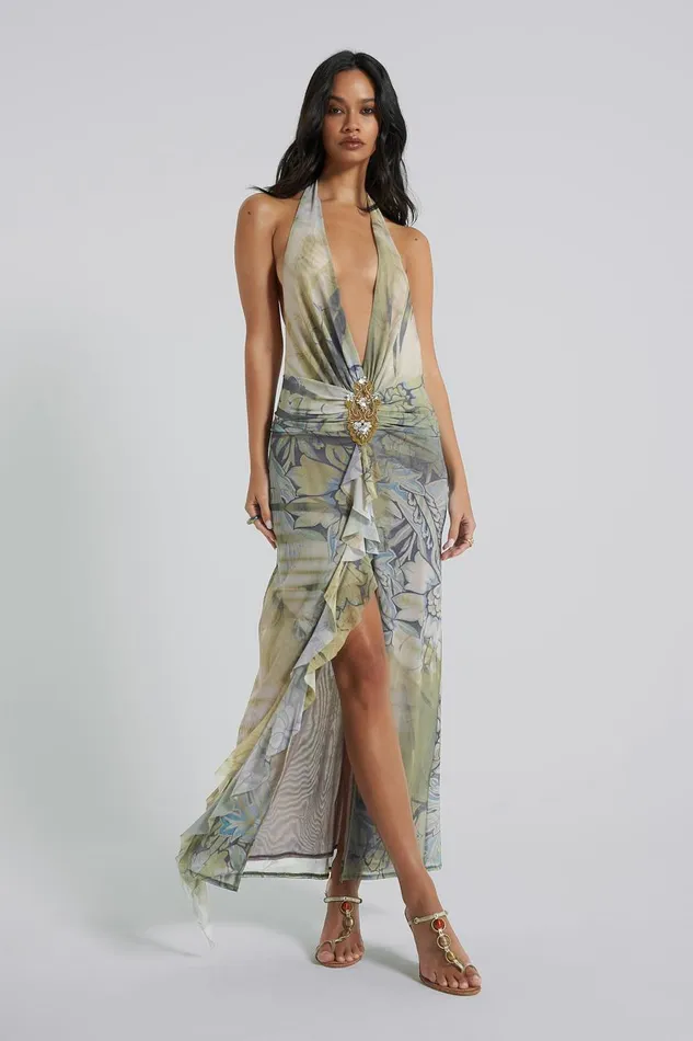 Jaded London Cindy Plunge Dress In Emerald Women Maxi Dresses