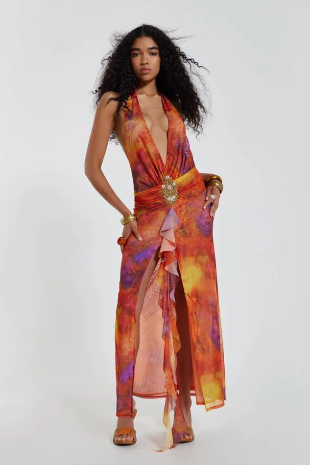 Jaded London Cindy Plunge Maxi Dress In Orange Women Maxi Dresses