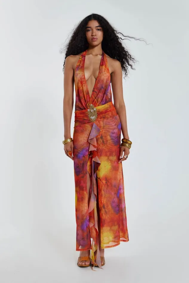 Jaded London Cindy Plunge Maxi Dress In Orange Women Maxi Dresses