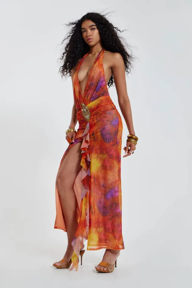 Jaded London Cindy Plunge Maxi Dress In Orange Women Maxi Dresses