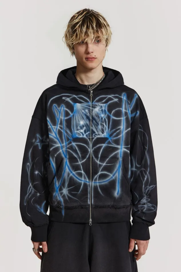 Jaded London Cold F33t Airbrushed Zip Up Hoodie Men Hoodies and Sweatshirts