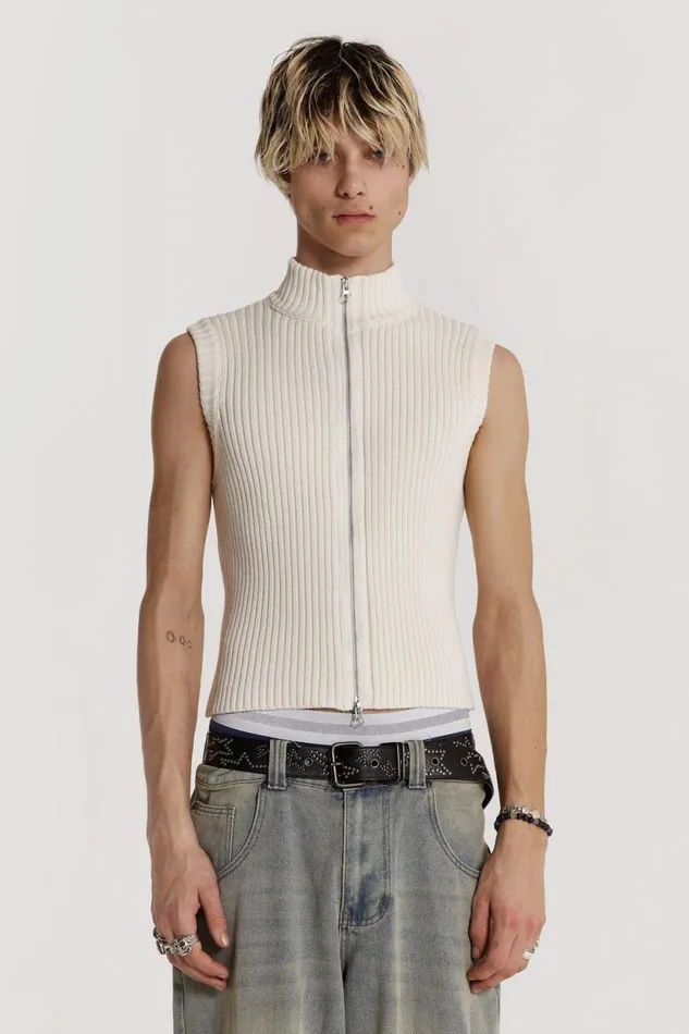 Jaded London Cream Sleeveless Zip Through Men TShirts and Vests