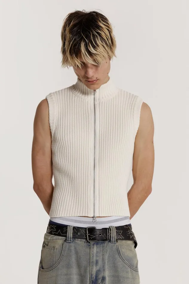 Jaded London Cream Sleeveless Zip Through Men TShirts and Vests