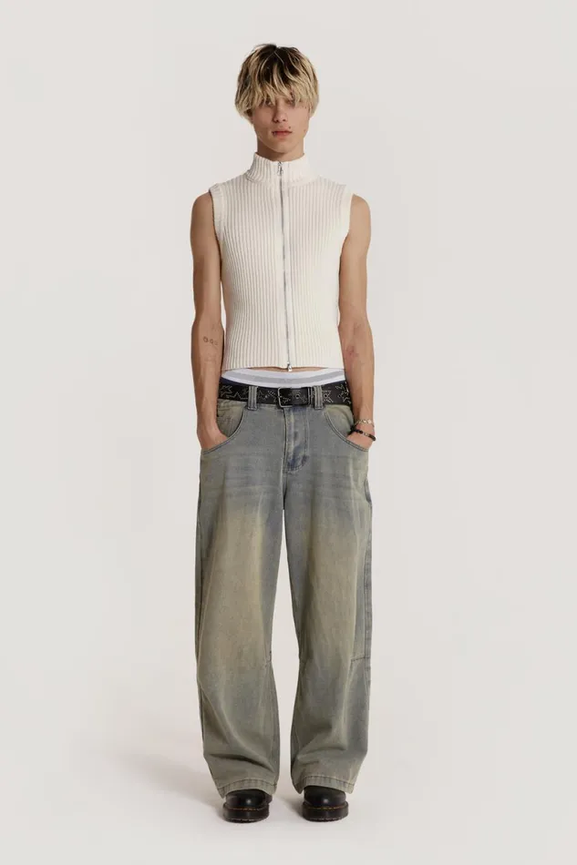 Jaded London Cream Sleeveless Zip Through Men TShirts and Vests