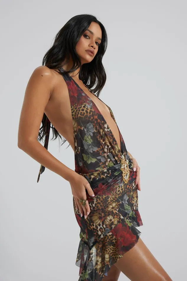Jaded London Dark Romantic Cheetah Print Mini Plunge Dress Women Mini Dresses