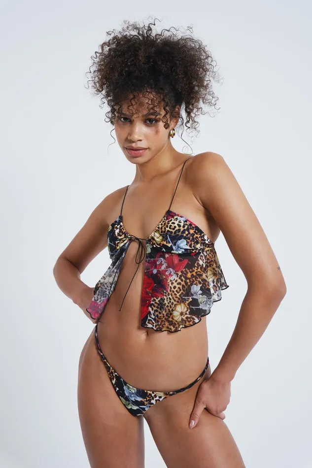 Jaded London Dark Romantic Leopard Print Scrunch Bikini Top With Sheer Panels Women Bikini Tops