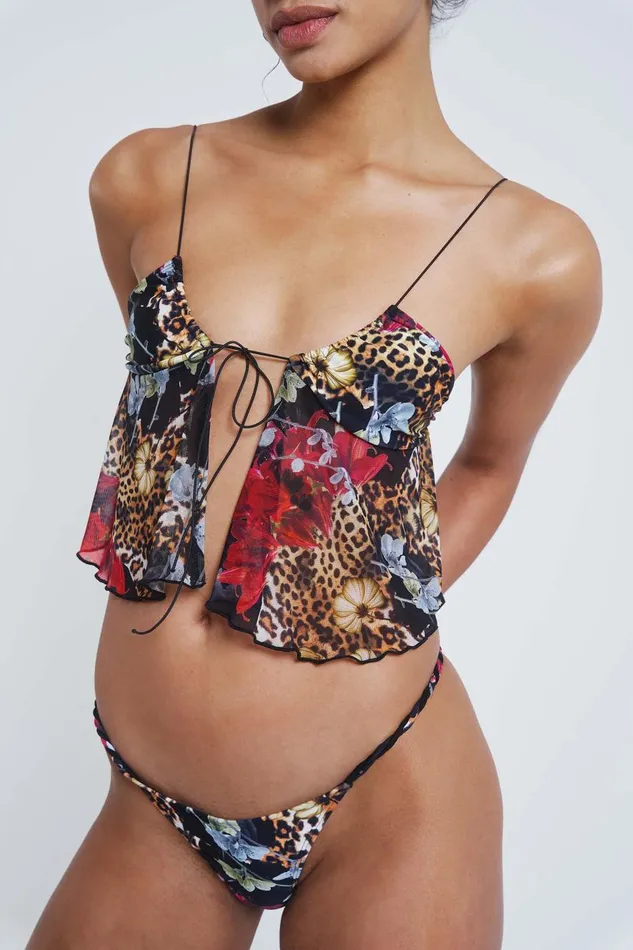 Jaded London Dark Romantic Leopard Print Scrunch Bikini Top With Sheer Panels Women Bikini Tops