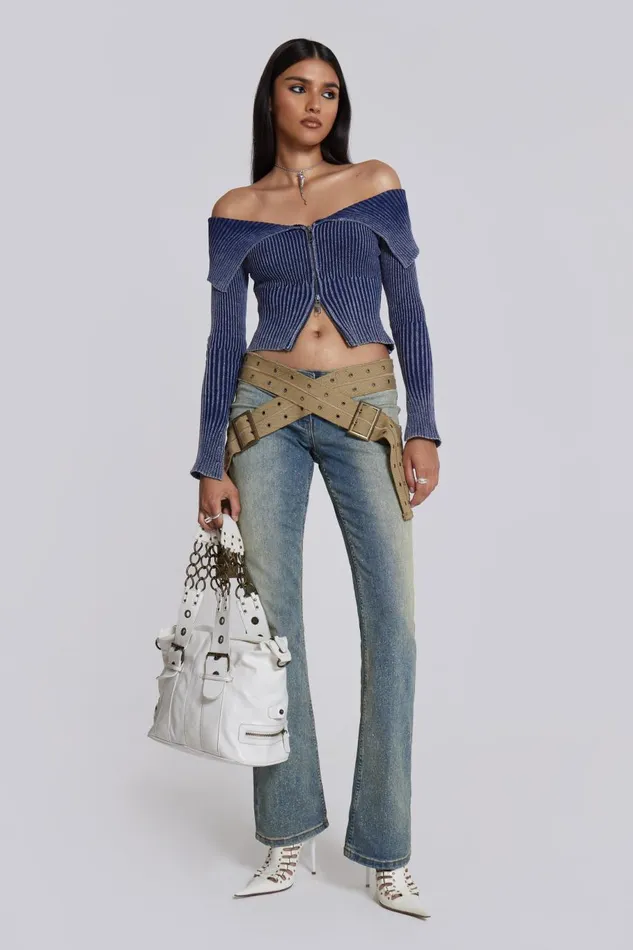 Jaded London Denim Look Knitted Long Sleeve Top Women Knitwear