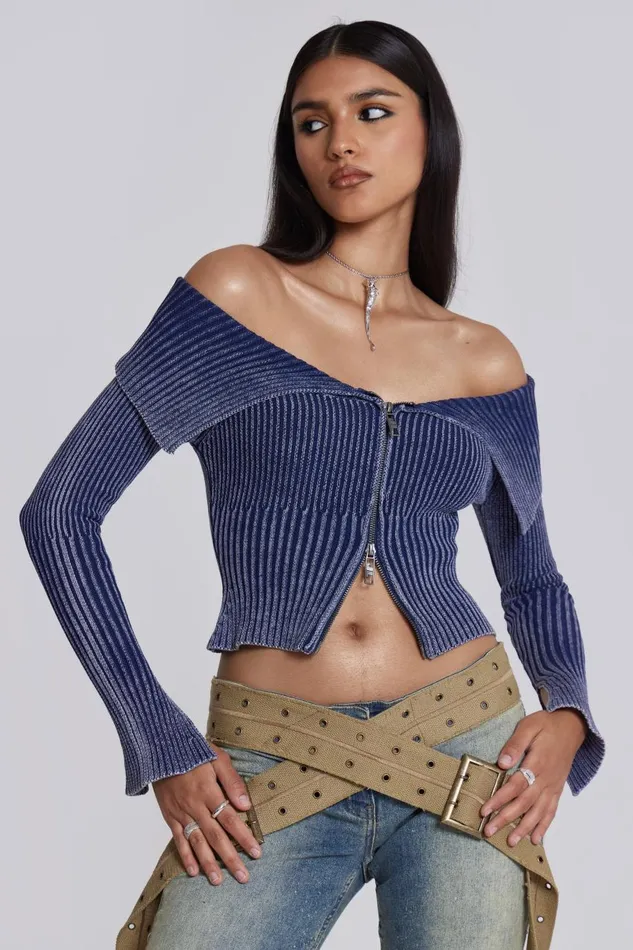 Jaded London Denim Look Knitted Long Sleeve Top Women Knitwear
