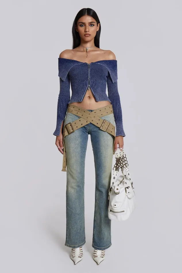 Jaded London Denim Look Knitted Long Sleeve Top Women Knitwear