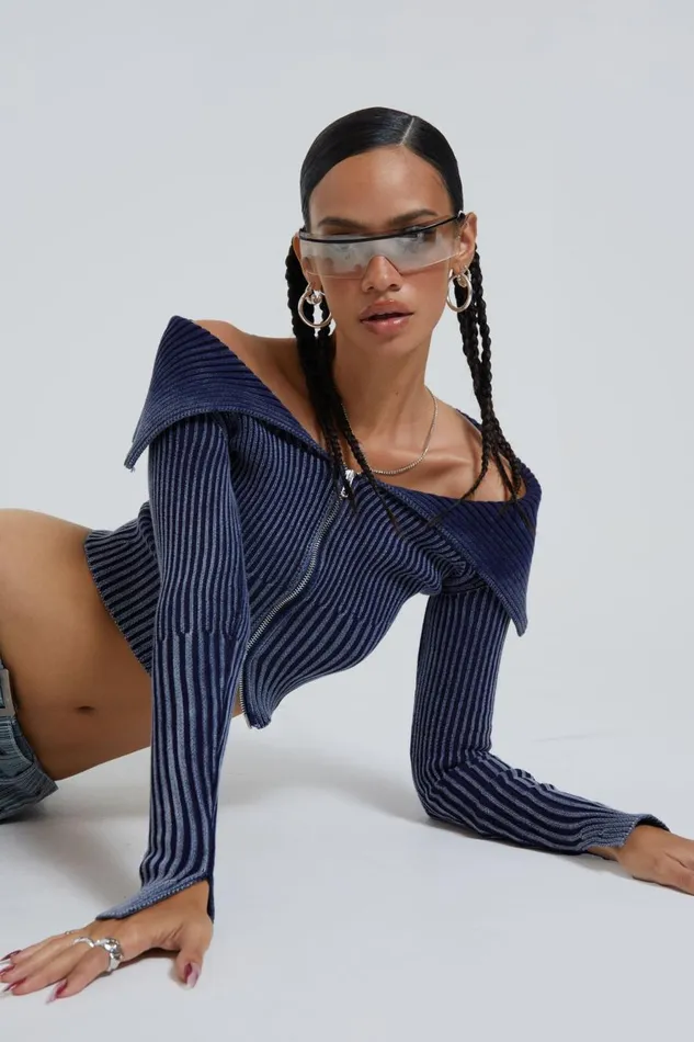 Jaded London Denim Look Knitted Long Sleeve Top Women Knitwear
