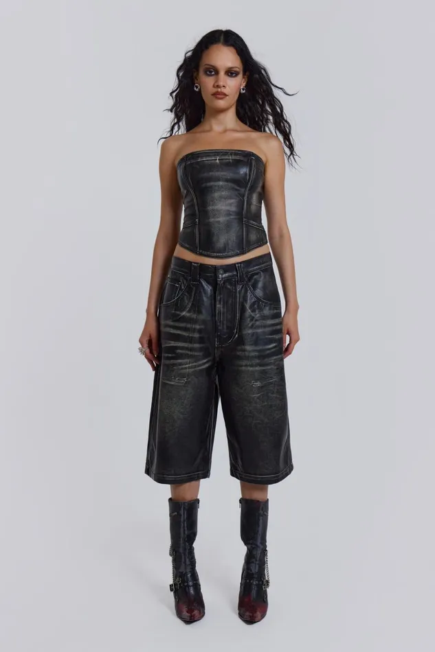 Jaded London Distressed Vegan Leather Corset Top Women CoOrds