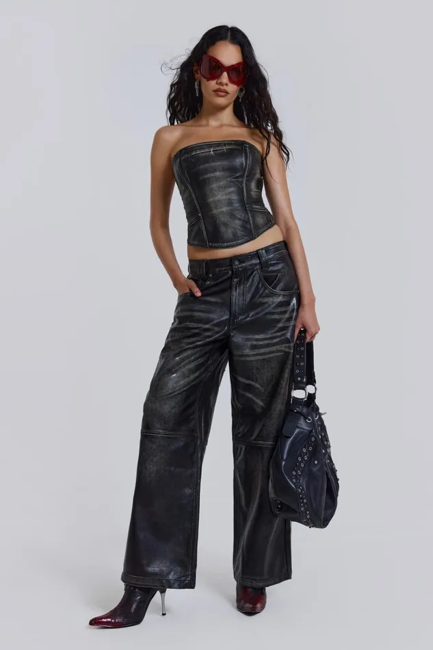 Jaded London Distressed Vegan Leather Corset Top Women CoOrds
