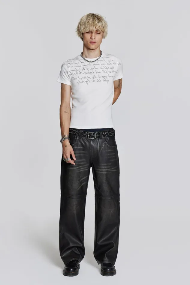 Jaded London Distressed Vegan Leather Straight Leg Jeans Men Trousers and Pants