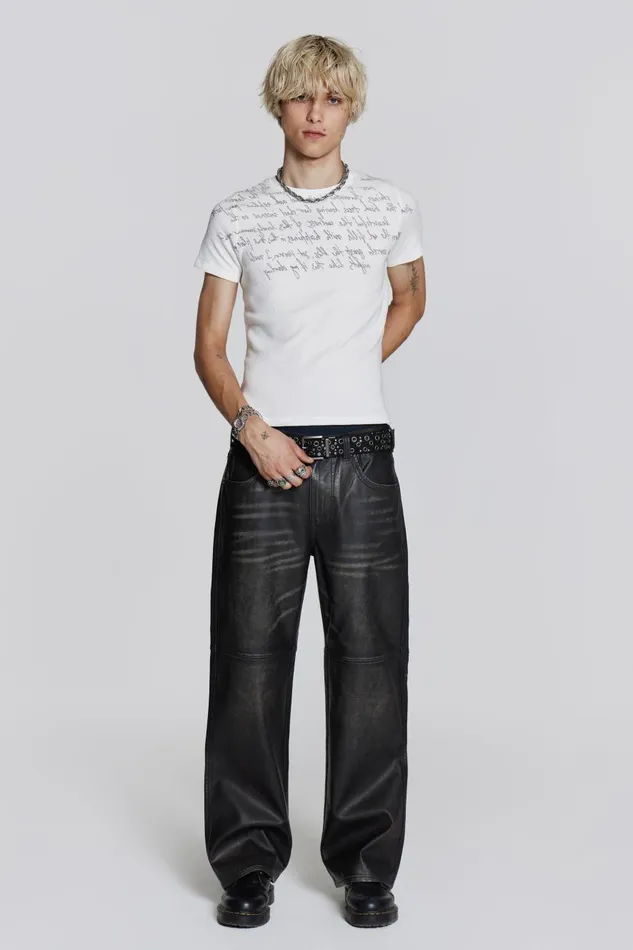 Jaded London Distressed Vegan Leather Straight Leg Jeans Men Trousers and Pants